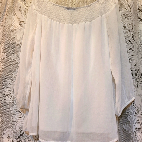 AB Studio Womens SizeXL Off The Shoulder WhiteChiffon Floral Embroidered Blouse - Picture 5 of 7